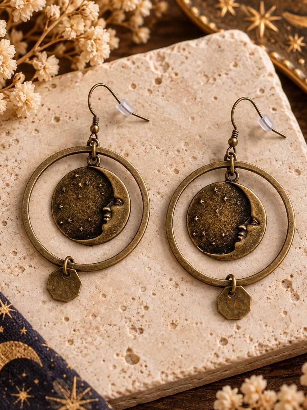 Antique Brass Moonface Hoop Drop Dangle Earrings New